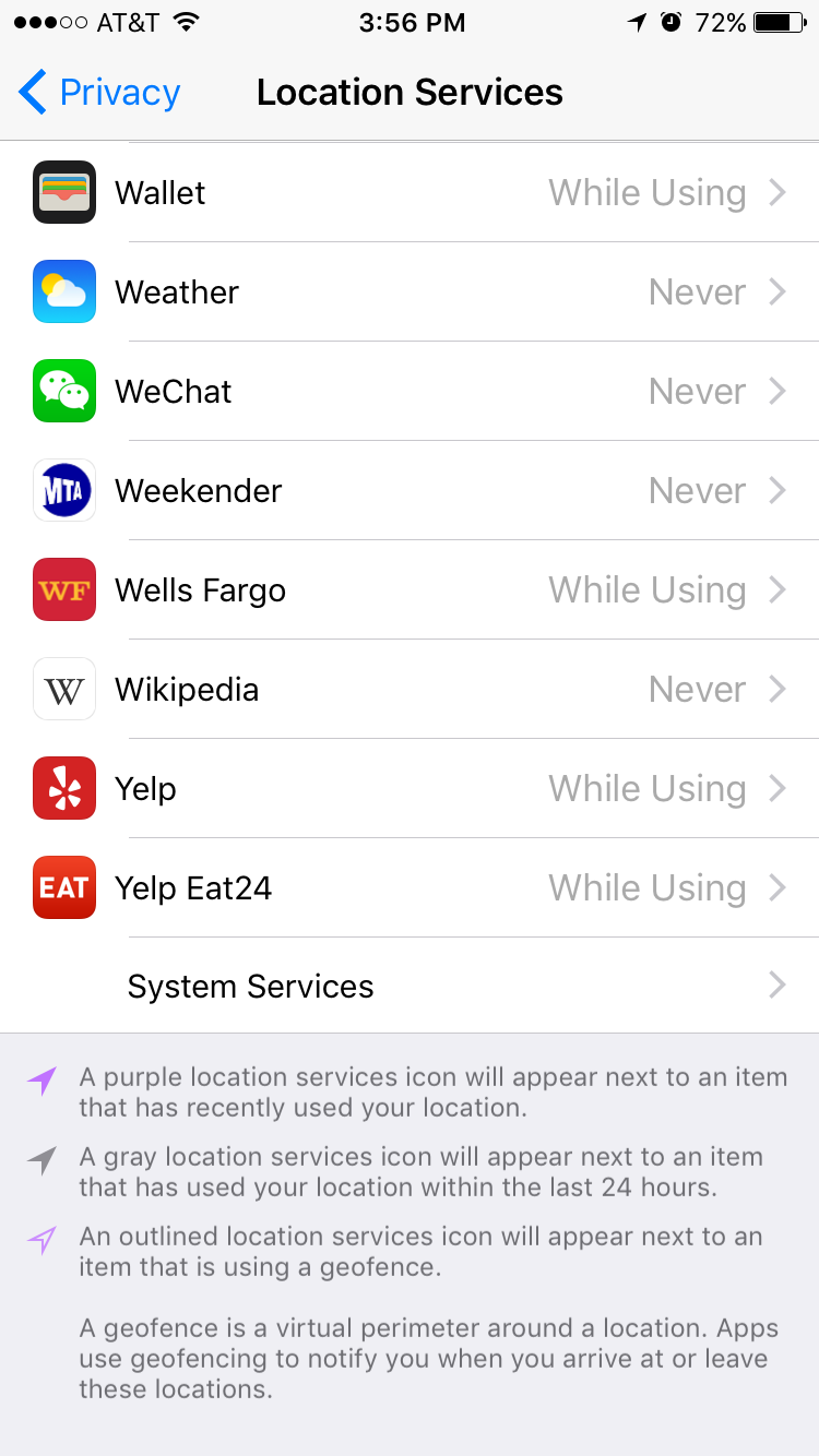 iOS Location Services settings